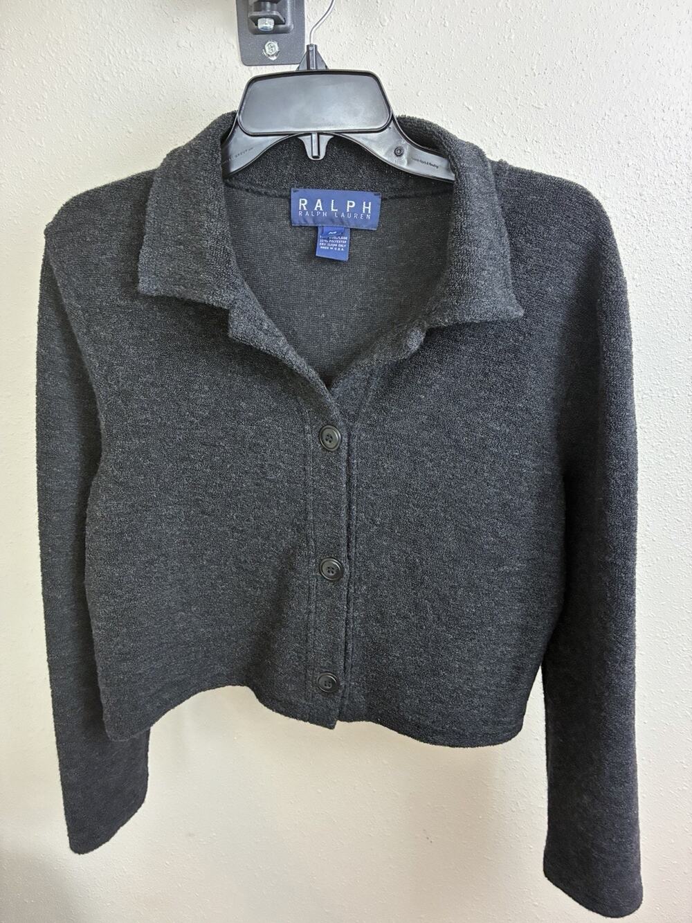 Polo Ralph Lauren Crop Gray Wool Knit Button Cardigan Sweater -M